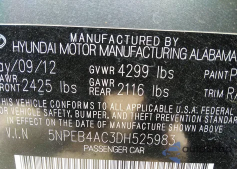 2013 Hyundai Sonata Gls z USA, uszkodzony, nr VIN 5NPEB4AC3DH525983